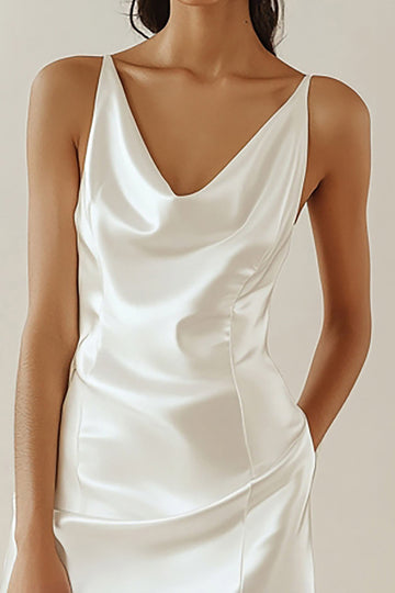 White Satin V Neck Graduation Dress